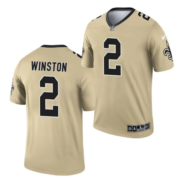 Men's New Orleans Saints #2 Jameis Winston 2021 Gold Inverted Legend Stitched Jersey
